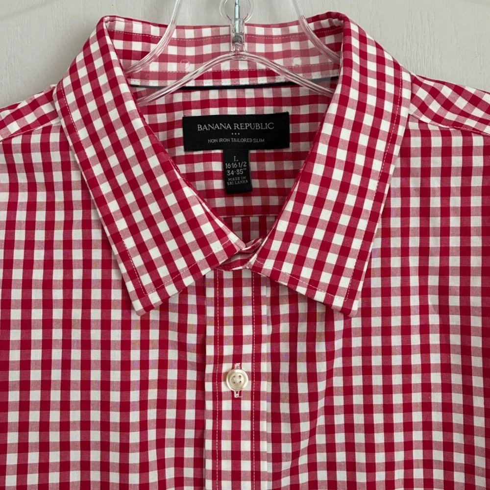 Banana Republic Mens Red Gingham Non Iron Tailored Slim Fit Shirt Large 16-16.5